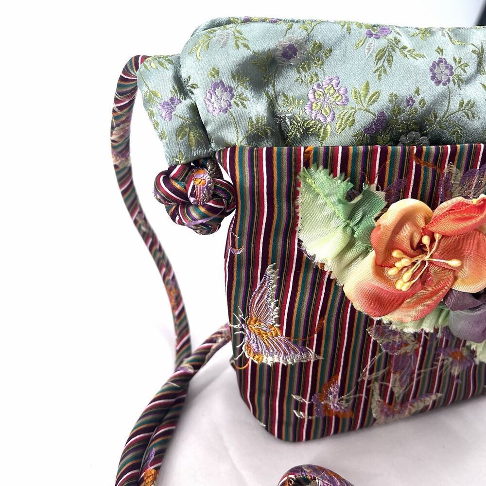 Vintage Boho Festival Floral Embellished Colorful Silk & Velvet Crossbody Bag - Picture 3 of 9